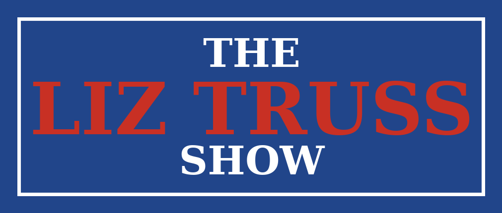 The Liz Truss Show logo in white and red lettering on a blue background.