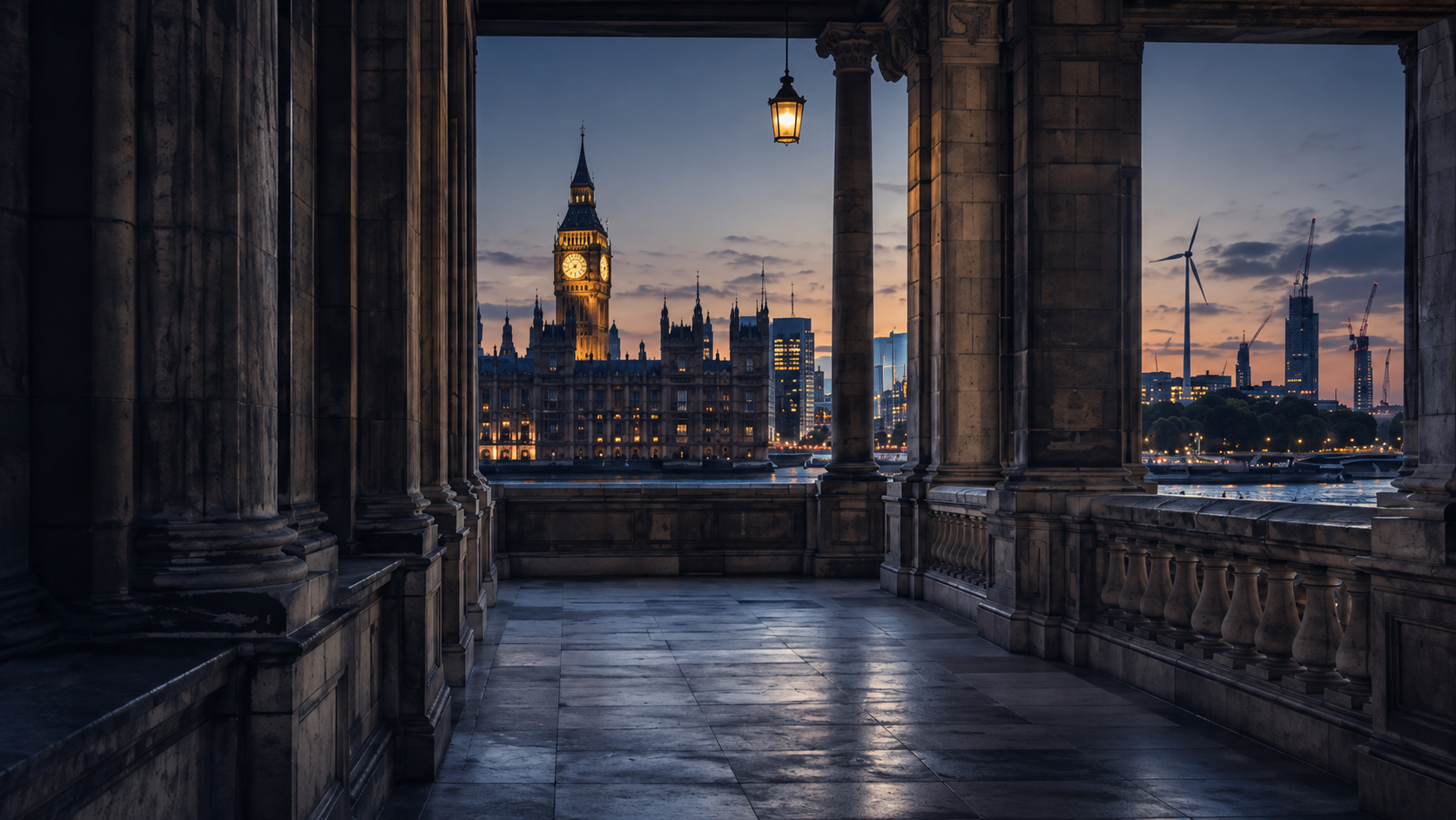 Illustrative Westminster scene from the Alderbourne design concept, showing Parliament across the Thames through a stone colonnade at dusk.