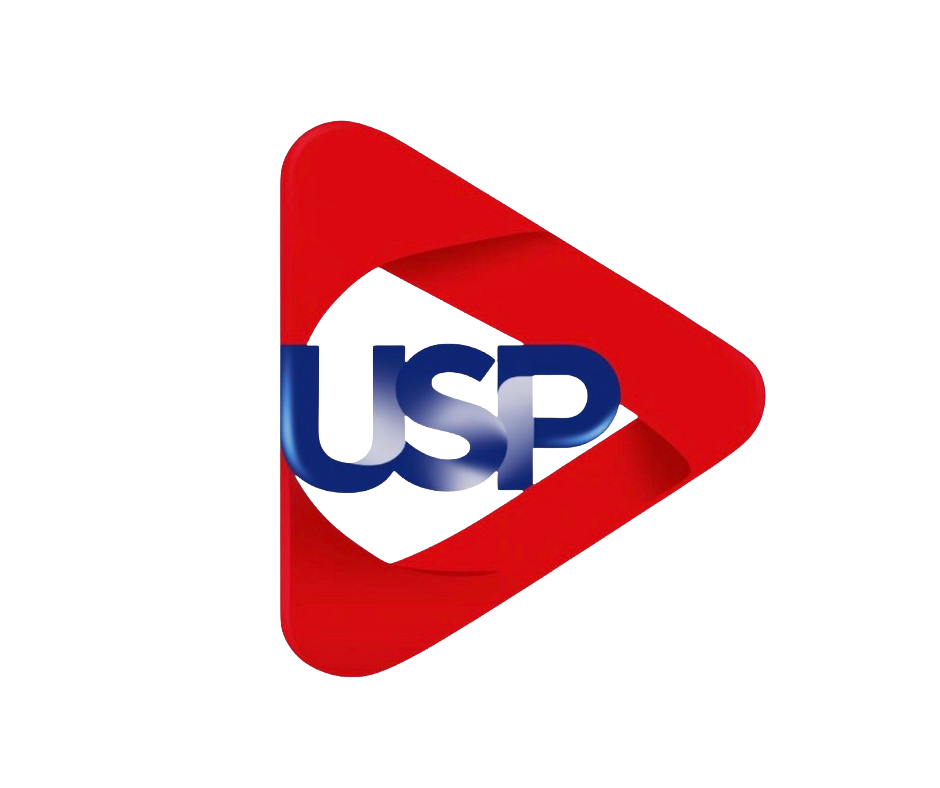 Unprecedented TV platform logo, with blue USP lettering inside a red play symbol.